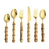 Set di posate con manico in bambù Argento dorato Forchetta Cucchiaio Coltello Set di posate Kit di posate in acciaio inossidabile