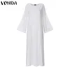VONDA Элегантное женское однотонное длинное платье макси 2021, хлопковое винтажное богемное белое платье больших размеров, сексуальное платье с разрезом по подолу, Femme X05266T