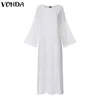 VONDA Elegant Women Solid Maxi Long Dress 2021 Cotton Vintage Bohemian Plus Size White Dress Sexy Split Hem Vestido Robe Femme X0521