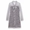 PEUT-ÊTRE U Noir Gris Tweed Maille Patchwork Arc Col À Manches Longues Élégant À Volants Court Mini Robe Bouton Automne D1995 210529