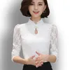 Kadın şifon dantel bluzları üstleri kadınsı uzun puflu kollu gömlek fırfırlı düğme üstleri artı boyut 4xl blusa fimina 210308