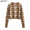 Zevity femmes mode O cou motif Animal Crochet tricot Cardigans pull femme Chic à manches longues décontracté hauts courts S681 210603