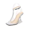 Sandaler Plus: 35-45 46 Eleganta kvinnor 9cm Strange Style Heel Sandalen Ankelband Pumpar Transparent Mujer Sandales Talon Femme