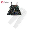 Arrivo Summer Kids Girl Set top slip con stampa scarabocchi e pantaloni tinta unita 210528