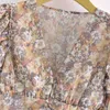 Aelegantmis Casual Loose Thin Print Folds Blusar för Kvinnor Floarl Långärmad V Neck SHIRTS Vintage Pleated Fashion 210607