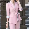Plus storlek 5xl 4xl s m rosa oregelbunden design blazer med fickryck blommig midja bälte ramar höst vinter elegant jacka 210527
