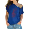 여성 뮤지컬 노트 그래픽 티셔츠 음악 여성 패션 새로운 Tshirt 불규칙 스큐 크로스 붕대 코튼 티 탑 210310