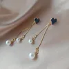 Moda Jóias S925 Prata Post Borne Azul Love Faux Pearl Dangle Tassel Stud Brincos