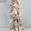 Retro Kwiatowy Maxi Sukienka Damska Jesień Sundress 2021 Zanzea Drukowane Suknie Muzułmańskie Kobiet Przycisk Robe Opasteversized 5XL X0521