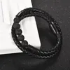 Charm Bracelets Natural Lava Stone Bracelet For Men Black Genuine Leather Stainless Steel Magnetic Clasp Bangle Male Hiphop Punk Man Jewelry