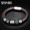 REAMOR Trendy Men Pulseira de Couro Preto 316l Aço Inoxidável Viking Bead Pulseiras com Fecho de Ímã Forte 17-21cm 210918