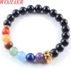 Wojiaer 8mm Czarny Kwarcowy Kamień Okrągły Koraliki Ghost Head Strands Bransoletki 7 Chakra Healing Mala Medytacja Modlitwa Joga Kobiety Biżuteria K3231