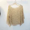 Cakucool Women Luxury Pearl Beading Blouse Gold Lurex Lace Hollow Out Cute Shirt Flare Sleeve Elegant Blusa Pullover Femme H1230