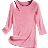 Damenpullover Frauen Mädchen Sexy Pullover Tops 2021 Frühling 3/4 Ärmel Farbblock gestreift Rundhalsausschnitt Ausschnitt Schulter Strickpullover Rosa