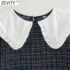 Zevity Women Vintage Agaric Lace Peter Pan Collar Patchwork Houndstooth Slim Mini Dress Kvinna Chic Casual Kimono Vestido DS8111 210603