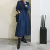 Aelegantmis Vintage Long Denim Dress Women Puff Sleeve Lösa Klänningar Kvinna O Neck En Linje Vestidos Fashion Sashes 210607