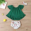 Летние дети наборы повседневные девочки с коротким рукавом o шея зеленая твердая юбка печать цветочные шорты милая одежда 3-18м 210629