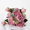 1 bukett Big Head och 4 knopp billiga falska blommor för hembröllopsdekoration Rose Pink Silk Peony Artificial Flowers Y0630305J