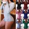 Women Sexy V Neck Cotton Bodysuit Long Sleeve Autumn Clothing Wear Sexy Slim Short Cotton Knitted Bodycon Bandage Jumpsuit Y0927