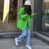 [EWQ] Autumn Notched Single-breasted Green Full Loose Suit Fashion Big Pocket Coat High quality office lady blazer 211104