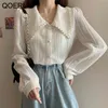 Stor Peter Pan Collar Blouse Kvinnor Elegant Single-breasted Lace Shirt Koreansk Ivory Hollow Out Chiffon Top Plus Size 210601