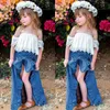 Hurtownie 3 sztuk Cute Toddler Dziewczyna Zestawy Off Ramię Koronki Białe Koszulki Niebieskie Dżinsowe Spodenki Długość Długość Sukienka Stroje 1-5t MN001 210610