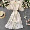 Women Fashion Summer A-line Dress Embroidery Lace V-neck Short Sleeve Slim Sweet White Vestidos S442 210527