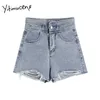 Yitimuceng Womens Denim Shorts Sexy High Waisted Jean Ripped Straight Summer Solid Blue Fashion Hollow Out Hole Sweat 210601