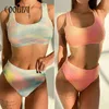 COOBbu Tie Dye Bikinis 2021 Wysokiej talii Swimsuit Kobiety Push Up Swimweear Ribbed Kąpiel Kostium Seksowne Błyszczące Bikini Zestawy X0522