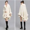 Elegancka V Lapel Rex Rabbit Fur Coat Cape Winter Women Duże Długie Szal Pełna Trim Faux Fur Cashmere Cloak Płaszcz Parka 210817