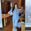 Edglulu Light Blue Turn-down Collar Long Sleeve Shirt +feather Full Pants Pajamas Set Women Spring Autumn Suit Black White 0303 210831