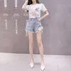 Conjunto de dos piezas para mujer Bordado Flor 3D Camisetas de algodón + Conjuntos de jeans cortos Conjuntos de verano de manga corta Top Tees Shorts 2 piezas 210529