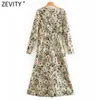Zevity Women Vintage O Neck Flower Print Back Buttons Midi Sukienka Samica Plagi Puff Sleeve Casual Slim Line Vestido DS4988 210603