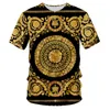 UJWI Marka Mężczyźni Golden Flower T-shirt Lato 3D Print Blue T-shirt Homme Krótki Rękaw Luksusowe Królewskie Barokowe Ubrania Topy 210716