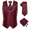 Men's Vests Hi-Tie Burgundy Paisley Floral Silk Slim Waistcoat Necktie Set For Suit Dress Wedding 4PCS Vest Hanky Cufflink