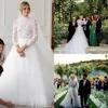 Gorgeous Lace Wedding Dresses Bridal Gown With 3/4 Long Sleeves High Neck Side Slit Tulle Sweep Train A Line Custom Made Plus Size Vestidos De Novia 403