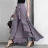 2021 Spring Dames Palazzo Broek Solid Chiffon Tie-Taille Ruffle Hem Losse Broek Zomer Elegante Hoge Taille Slanke Lange Pant Rok Q0801