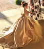 Gold First Communion Dresses Kids Evening Ball Gown Gold Applique Bow Long Girls Pageant Dress Lace Tulle Flower Girl Dresses 2021