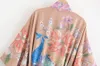 Boheemian V Neck Peacock Flower Print Lang Kimono Shirt Khaki Holiday Praai Up Sashes Long Cardigan Loose Blouse Tops 210226