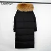 Lagabogy Grand Réel Fourrure De Raton Laveur Hiver Femmes 90% Duvet De Canard Blanc Veste Femme Épais À Capuche Long Parkas Surdimensionné Manteau De Neige 211018