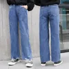 Джинсы для девочек-подростков Широкая нога джинсы мода простые все совпадения разорванные джинсовые брюки Брюки большие девочки осенью нового 5-14 год 210317