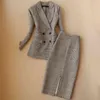 Vinter Högkvalitativ Kvinnors Suit Kjol Set Tvådelad Koreansk version av Professional Plaid Ladies Jacket Slim 210527