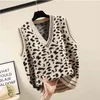V-nacke leopard mönster stickad tröja väst kvinnor lös ärmlös mode kort pullover kvinnlig vår höst 210819
