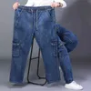 Calça jeans de cintura alta masculina em linha reta grande tamanho jantar calça masculina preto jeans laterais multi bolso azul solto elástico banda de carga 211104
