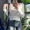 2021 T shirt Women Ribbed Cotton Female Korean T-Shirt Gray Tops Sexy Button V-Neck Long Sleeve Patchwork Tee Shirt Clothes X0628