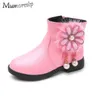 Girls Boots Fashion Princess Kids Ankle Boots Floral With Pearl Pendant Warm Cotton Winter Children Rubber Boots For Girl Flower 211108