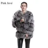 Rosa Java 8066 Högkvalitativ Kvinnor Real Fur Coat Wihter Varm Tjock Jacka Äkta Korta Lång Ärmar 211110