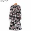 Zevity Women Vintage O Neck Flower Print Bow Bundet Sashes Casual Slim Midi Dress Office Lady Långärmad Chic Vestido DS4810 210603