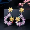 High end Women Costume Jewelry Blossoming Flower Yellow Purple Cubic Zirconia Crystal Big Long Luxury Earrings CZ320 210714