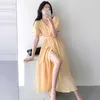 Korejpaa Frauen Kleid Sommer Koreanische Chic Temperament Licht Reife Dünne V-ausschnitt Kreuz-Krawatte Taille Vorsicht Maschine Schlitz Vestidos 210526